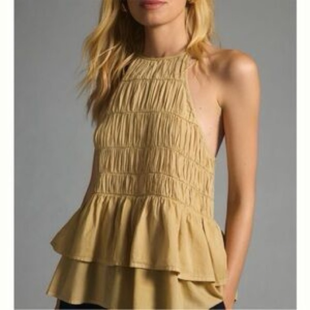 Pilcro Tan Ruched Smocked Sleeveless Tank Top
